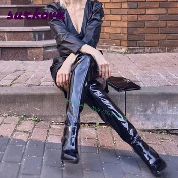 Lüks Patent Deri Uzun Çizmeler Sivri Burun Stiletto Topuklu bayan Botları Pist 2022 Yeni Varış Diz Üzerinde Yan Zip Seksi